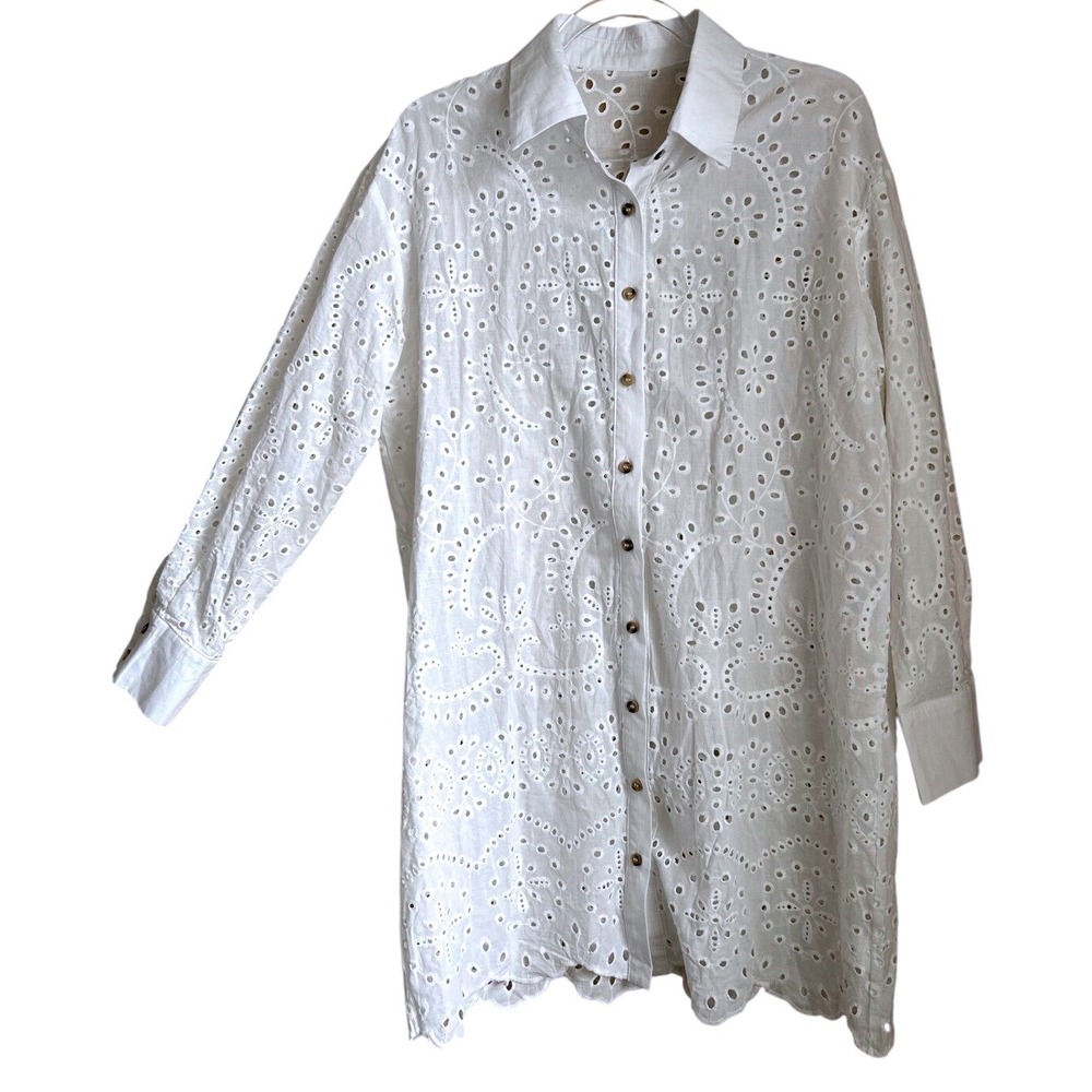 boho White Cotton Eyelet Lace Button embroidered Shirt Dress Scallop Tunic Small